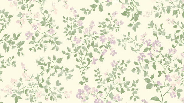 Seamless wallpaper pattern of small, ditsy floral print in muted mauve and sage green on a cream background. Enchanted - Forest. Illustration