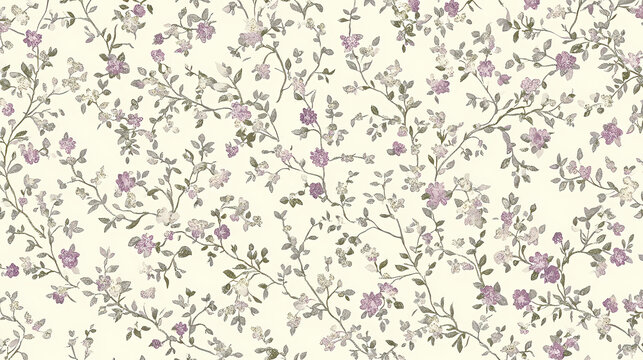 Seamless wallpaper pattern of small, ditsy floral print in muted mauve and sage green on a cream background. Enchanted - Forest. Illustration