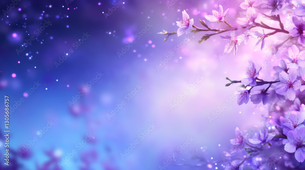 Poster cherry tree flowers blooming on a beautiful spring day with soft focus purple and blue background an