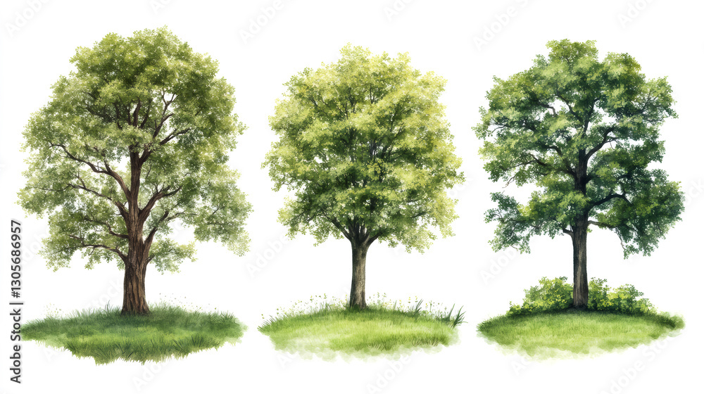 Poster watercolor rendering depicting three verdant trees growing on grassy patches, set against pristine w