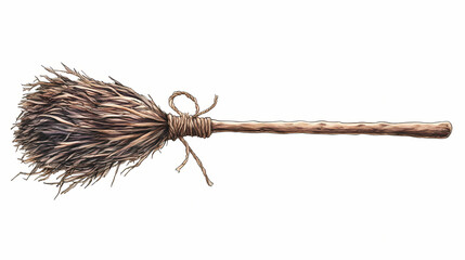 Traditional witch's broomstick isolated on white background. Enchanted - Forest. Illustration