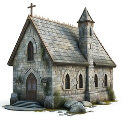 Fototapeta premium A charming stone church with a cross atop its turret, surrounded by earthy tones and natural elements.