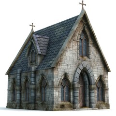 A beautifully detailed Gothic-style church with ornate windows, stone exterior, and crosses adorning the peak.