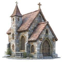 A charming stone chapel with a rustic design, featuring a pointed roof, stained glass windows, and wooden doors.