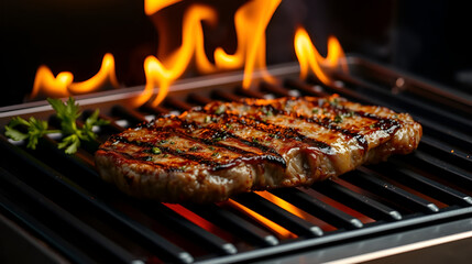 Grilled meat steak on stainless grill depot with flames on dark background. Food and cuisine concept.