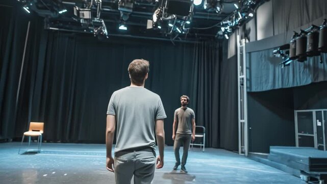 Preparation for theatrical performance involves actors rehearsing dialogue and movements under stage lights, guided by director's instructions in quiet theater