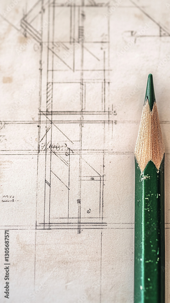 Poster close-up of a green pencil on top of an architectural blueprint, symbolizing design, planning, and p