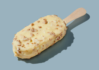 White chocolate ice cream on a stick on blue pastel background