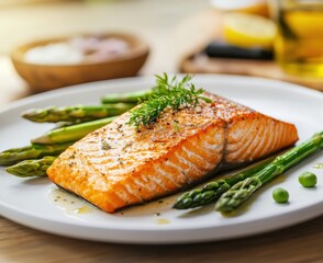 Delicious grilled salmon fillet with asparagus gourmet kitchen food photography bright natural light culinary art