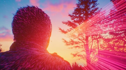 Silhouette of a man gazing at a vibrant sunset, bathed in warm, pink hues. A serene and hopeful moment.