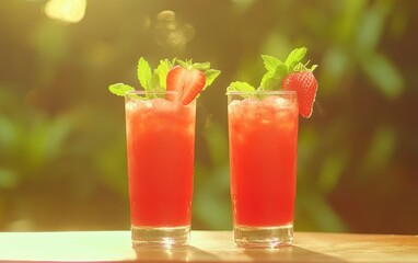 Two glasses of strawberry juice sit on a table, ready to be enjoyed.