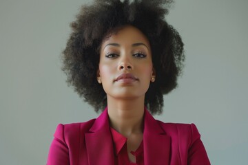 Confident African American woman with natural hair wearing a red suit, exuding professionalism and strength.