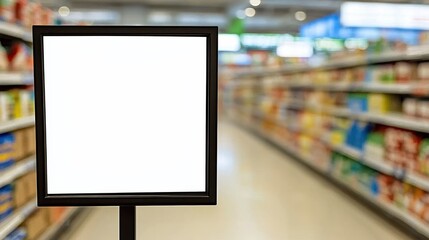 Retail store blank sign display supermarket aisle promotional content bright environment focused view marketing concept