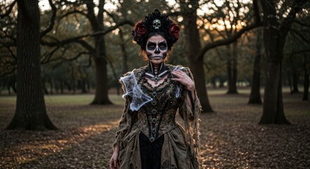 Obraz premium Elegant halloween costume in spooky forest setting with skull makeup