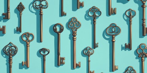 Obraz premium Ornate Antique Keys Displayed On A Light Blue Surface