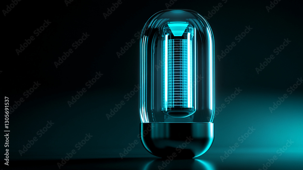 Aufkleber a glowing futuristic blue neon light tube in a dark setting with sleek metallic base, showcasing a m