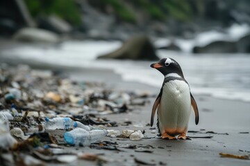 Fototapeta premium Environmental Crisis Scene with Arctic Penguin Surrounded by Plastic Waste on Polluted Beach