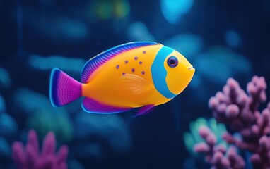 Naklejka premium Vibrant fish swim among corals in a clear blue aquarium environment.