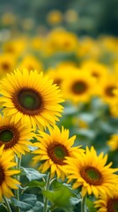 Obraz premium Sunflower Field in Bloom, Bright Yellow Flowers, Blurred Background, Nature, Generative AI.