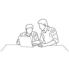 Vector business meeting discussion between the worker. Business training and presentation concept of line art design. continuous line drawing of office workers at a business meeting
