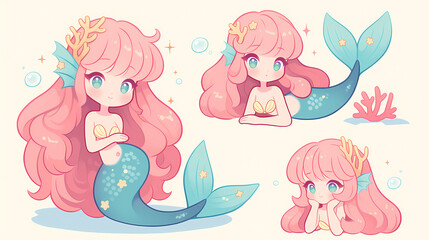 Playful cartoon mermaid with pink hair and coral accessories, surrounded by bubbles and coral
