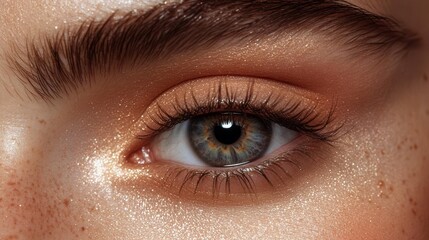 Fototapeta premium Ethereal Close-up of Woman's Eye with Shimmering Natural Makeup and Delicate Lashes in Soft Morning Light