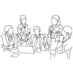 Vector business meeting discussion between the worker. Business training and presentation concept of line art design. continuous line drawing of office workers at a business meeting
