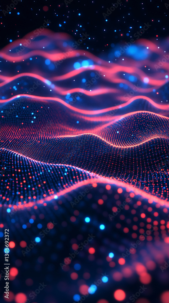 Poster Close-up of abstract digital waves made of glowing red and blue particles, creating a sense of futuristic technology, data flow, and energy movement.