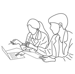 Vector business meeting discussion between the worker. Business training and presentation concept of line art design. continuous line drawing of office workers at a business meeting
