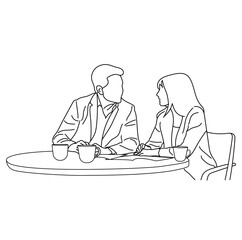 Vector business meeting discussion between the worker. Business training and presentation concept of line art design. continuous line drawing of office workers at a business meeting
