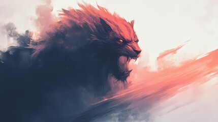 Fierce digital painting of a snarling wolf, rendered in dramatic dark and fiery orange hues.  The artwork is evocative and powerful.