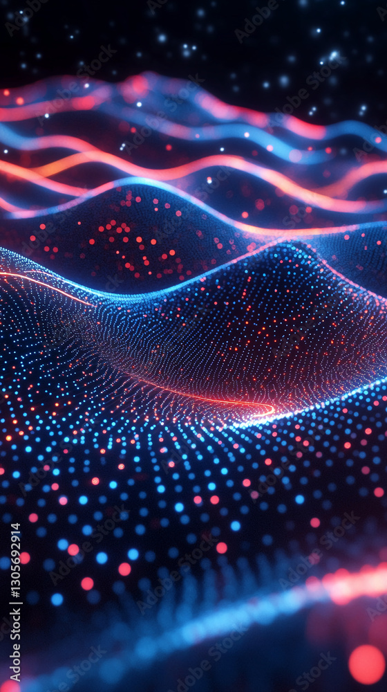 Poster close-up of abstract digital waves in red and blue, with glowing dots scattered across the surface, 