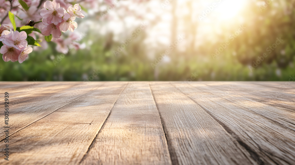 Poster empty wooden table perspective with a blurred spring flowers background, ideal for product display m