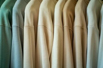 Soft neutral sweatshirts elegantly displayed in a modern retail environment with bright diffused lighting