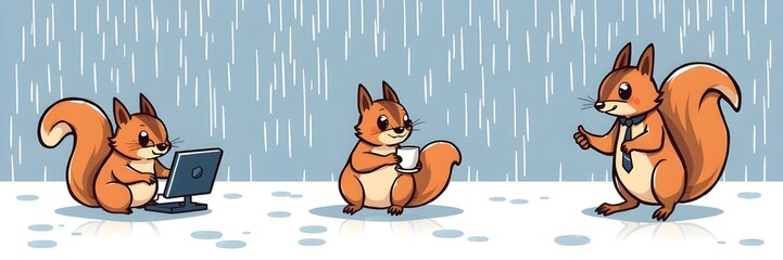 Squirrels in Office. Rainy Day Cartoon Illustration. Humorous Workplace Scene. Logo Design. Generative AI.