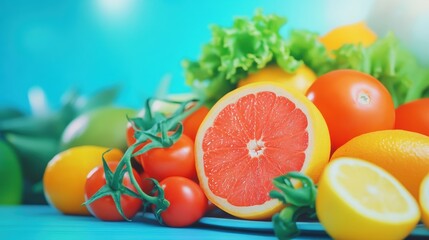 A colorful assortment of fruits and vegetables displayed on a blue table.