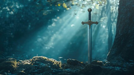 Naklejka premium Mystical sword in sunlit forest.