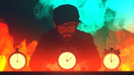 A bearded man, wearing a cap and glasses, gazes intently at a clock.  Surrounded by fiery, smoky colors, the scene evokes a feeling of urgency and time's passage.