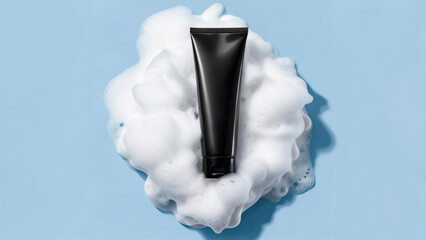 Black tube of facial cleanser atop a fluffy foam against a soft blue background