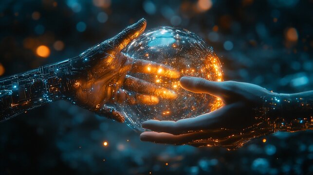 Cybernetic hands exchanging a glowing orb of digital energy and light