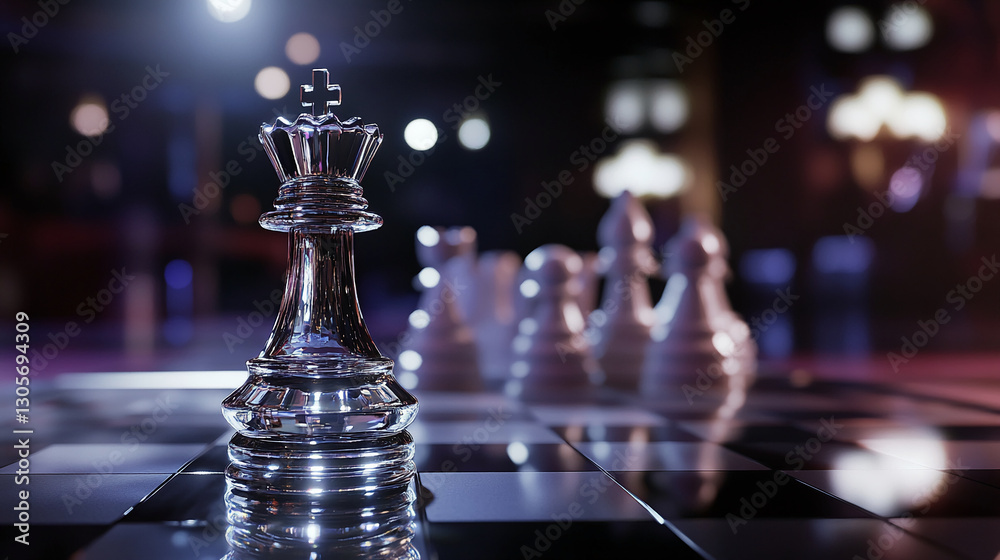 Poster close-up of a glass chess queen piece on a chessboard with blurred white pieces in the background. t