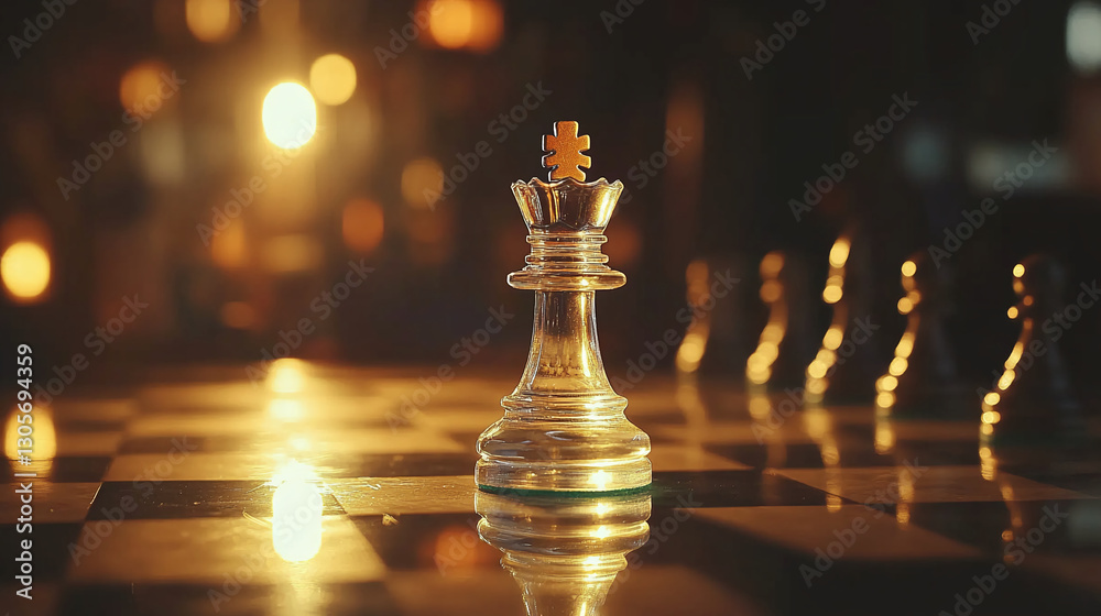 Poster close-up of a glass chess queen piece on a chessboard with blurred chess pieces in the background. t