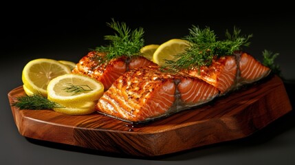 Wooden plate with fresh salmon and lemon slices arranged appetizingly.