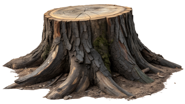 Old tree stump with visible roots and rough bark isolated on transparent background