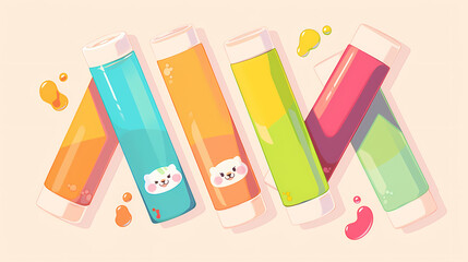 Colorful cartoon tubes with cute animal faces arranged playfully on a soft background, ideal for children's products