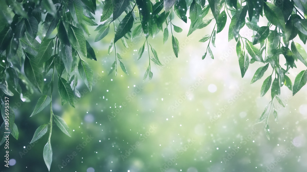Poster green leaves cascading during summer rainfall, soft bokeh background, space for text