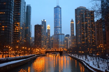 Obraz premium City buildings glow along a river at night, creating a vibrant urban scene.