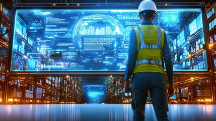 Warehouse worker analyzing data in high-tech environment smart storage facility digital insights futuristic view