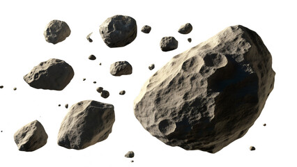Asteroids Floating in Space with Rocky and Cratered Surfaces Isolated on Transparent Background