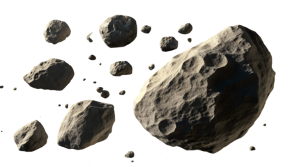 Asteroids Floating in Space with Rocky and Cratered Surfaces Isolated on Transparent Background